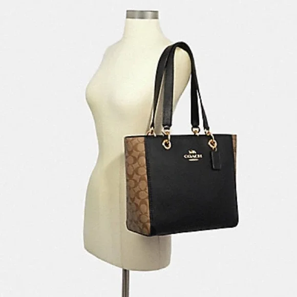 New Coach Jes Tote In Signature Canvas/Refined Pebble Leather/ Black-Brown - Picture 10 of 11